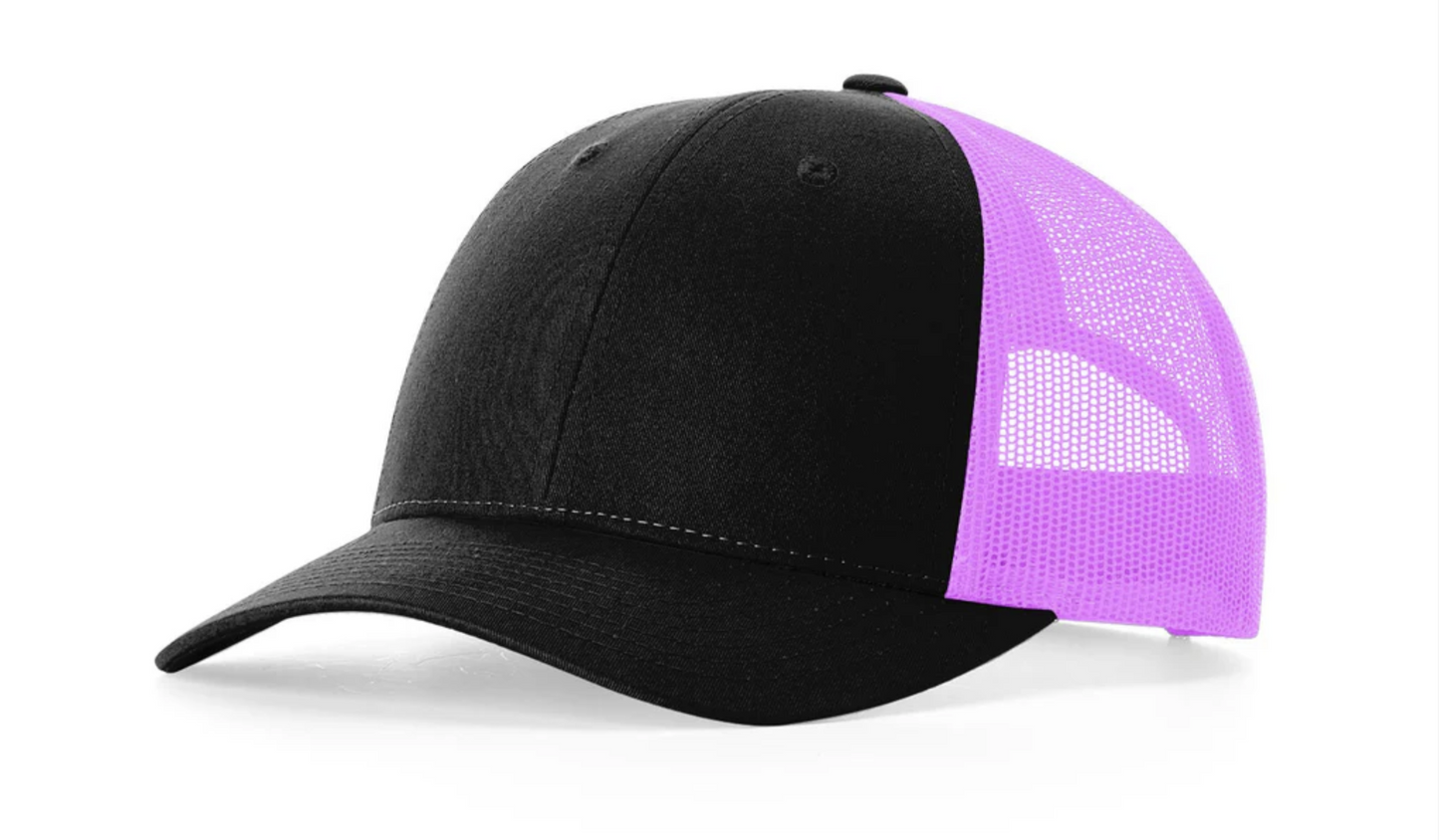Black/Neon Pink Richardson 115 Low Pro Trucker Cap